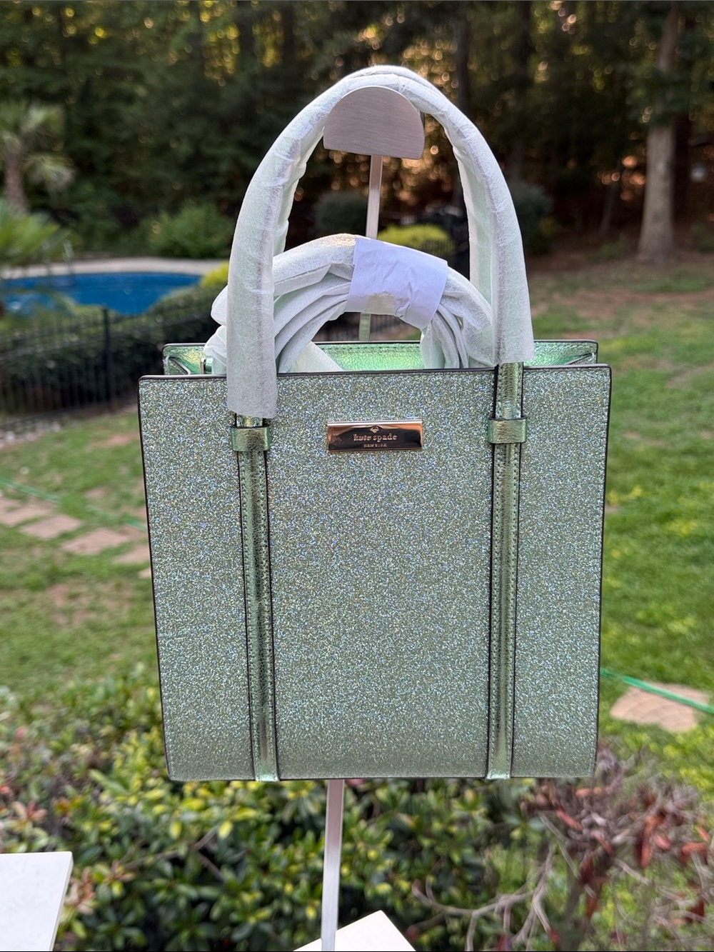 Kate Spade NWT Mini Tote Green Gold Glitter Bag, Wallet, Card Case Retail$580 - Picture 17 of 17
